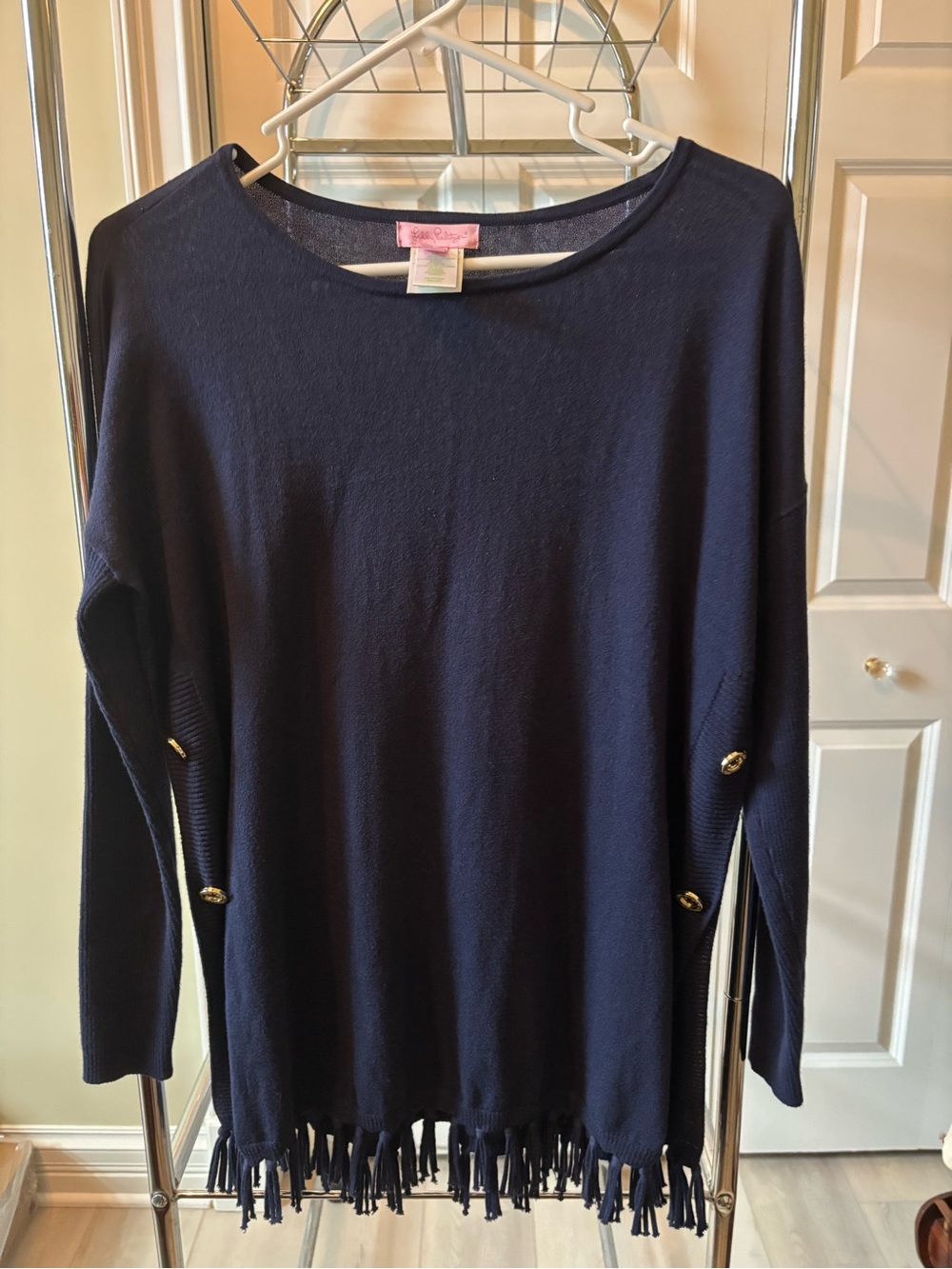 Lilly Pulitzer Navy Fringe Hem Knit Sweater with Gold Buttons